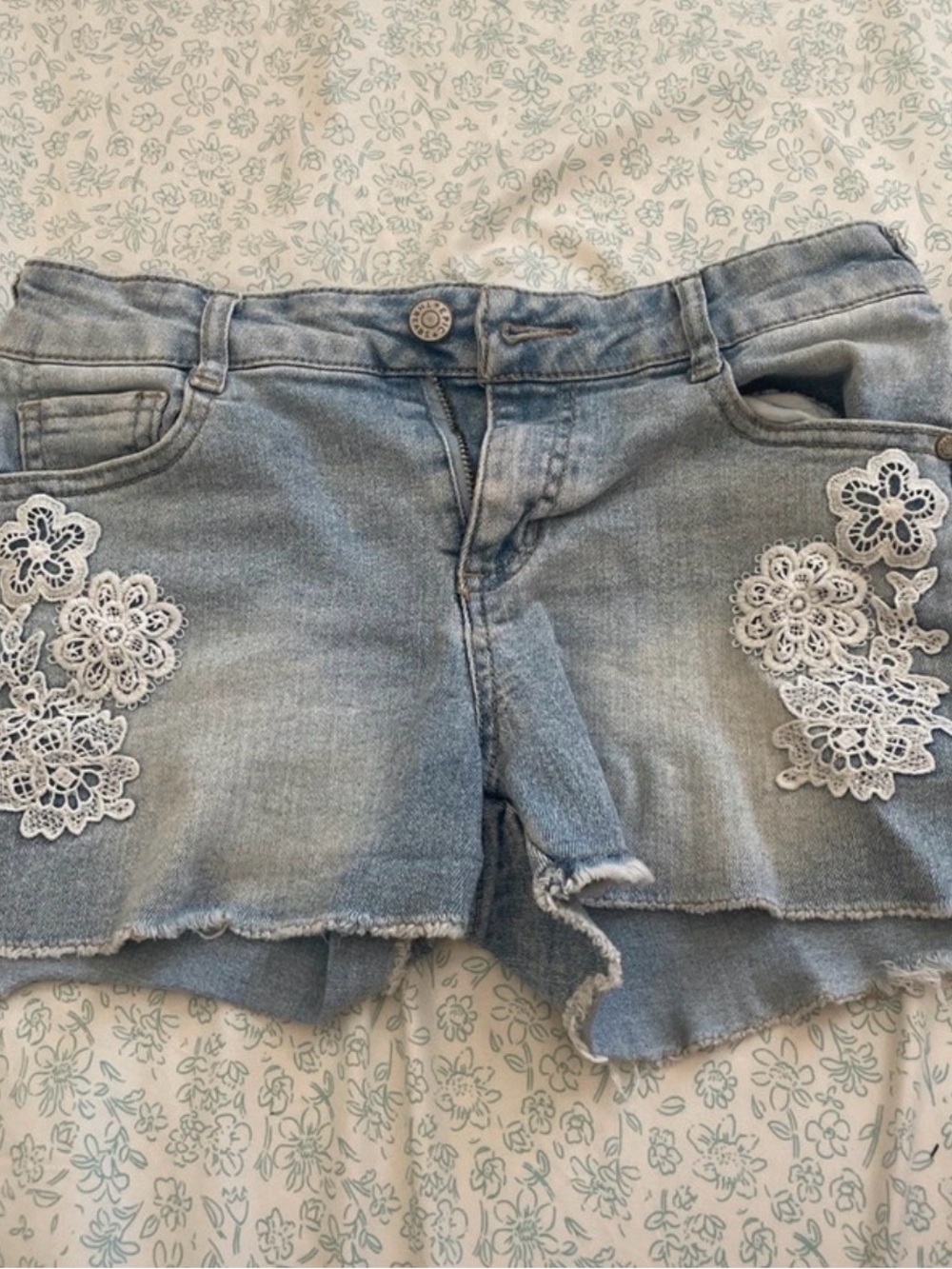 Epic Threads Light Blue Denim Shorts with White Lace Flowers